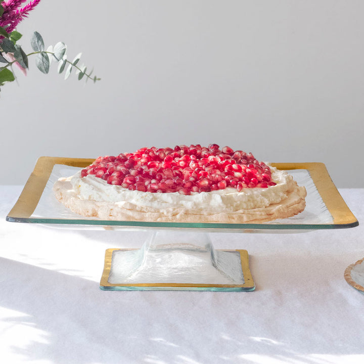 Roman Antique Square Cake Stands Gold Rim with Pavlova Cake