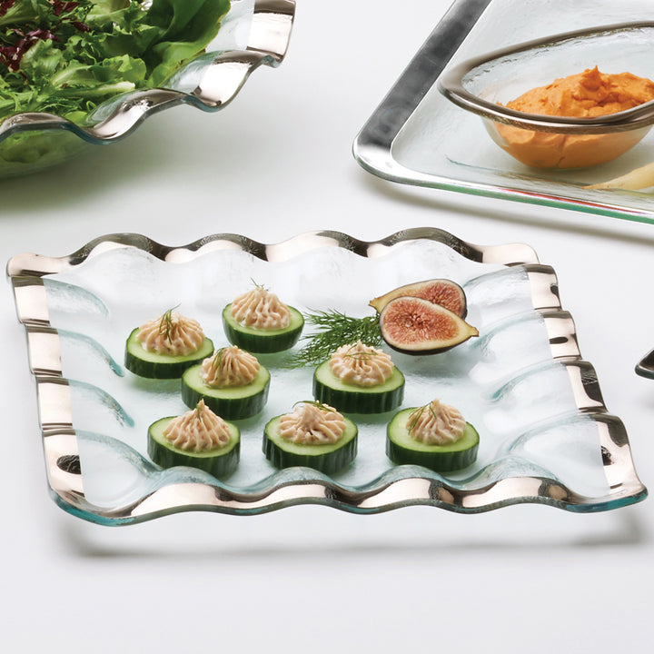 Luxury Square Serving Trays | Ruffled Platinum Band